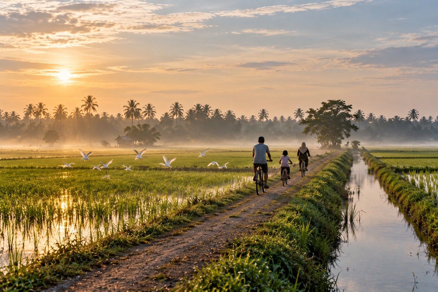 Satu keluarga berbasikal di atas batas sawah pada waktu pagi, dilihat dari belakang
