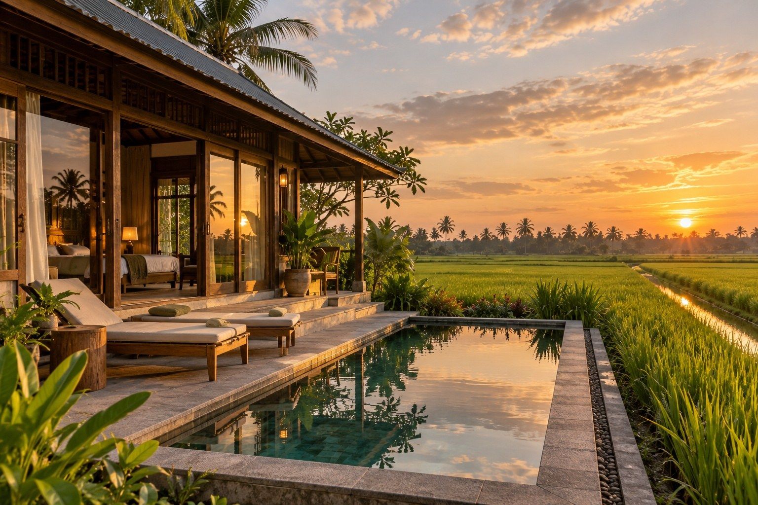 Rumah Kaca: Dinding kaca, kolam kecil sendiri, sawah sampai ke kaki langit.