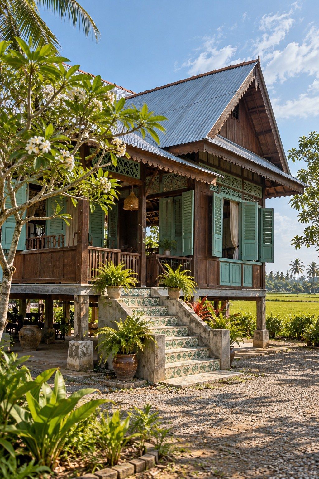 Rumah Tok, rumah kayu bertiang dengan tangga konkrit berjubin