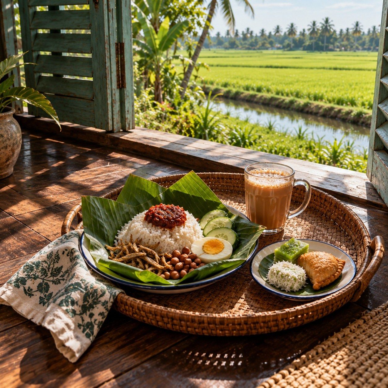 Nasi lemak berbungkus daun pisang dengan teh tarik di atas dulang kayu