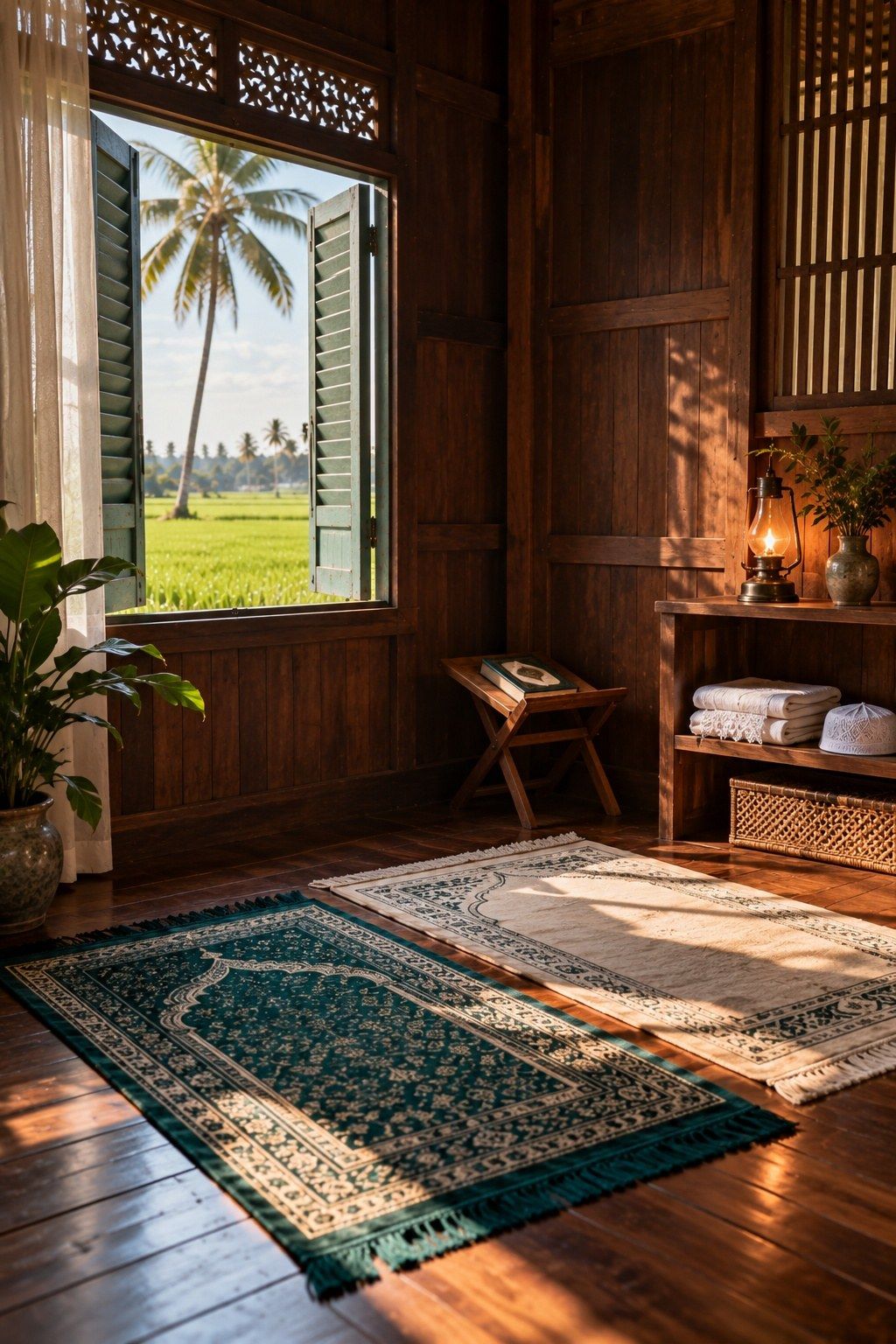 Sudut solat dengan dua sejadah, telekung dan kopiah yang dilipat kemas